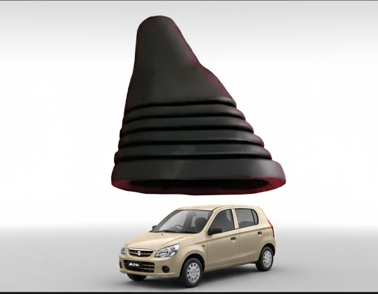 Black cone-shaped object with a car for scale on a white background
