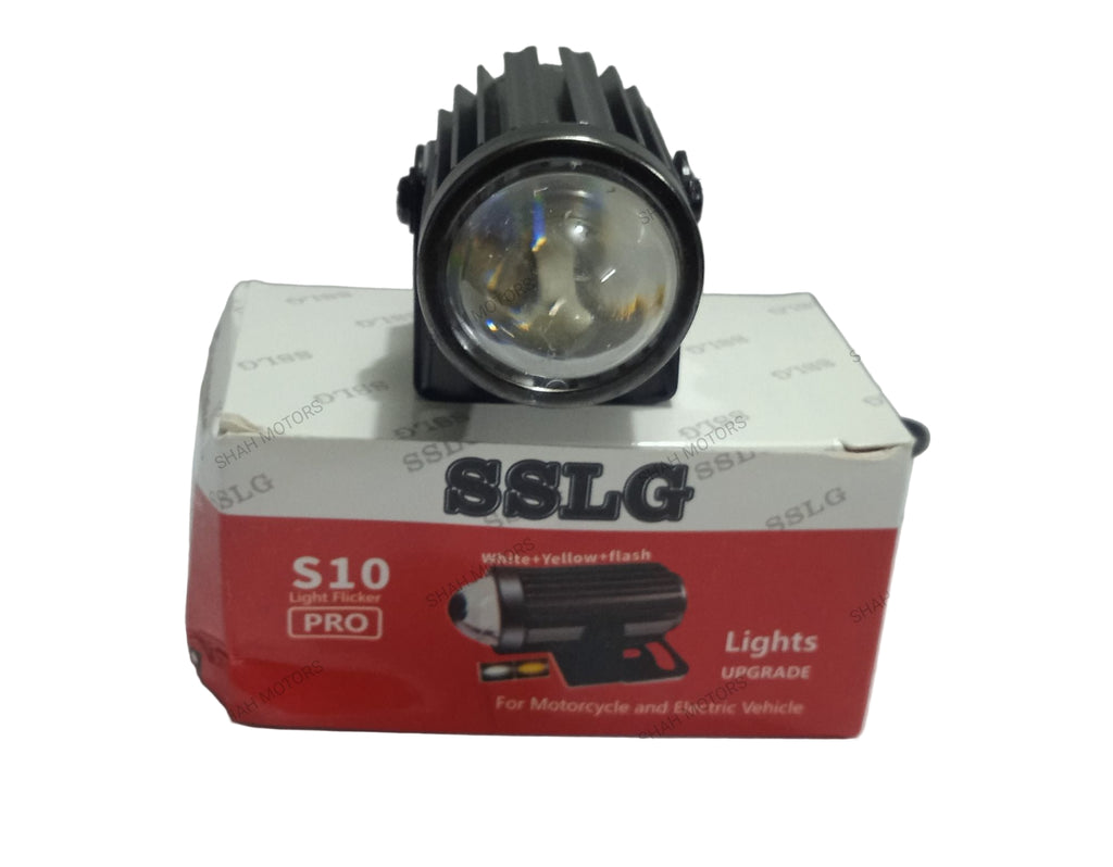 SSLG S10 light projector on its packaging box with a white background