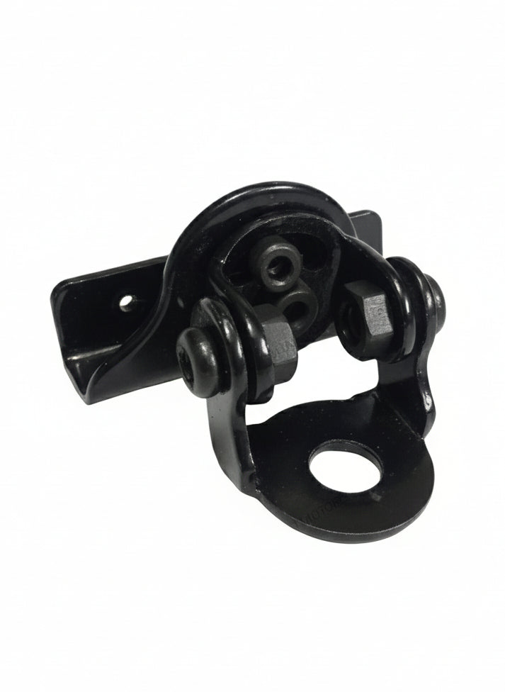 Black metal pulley system on a white background