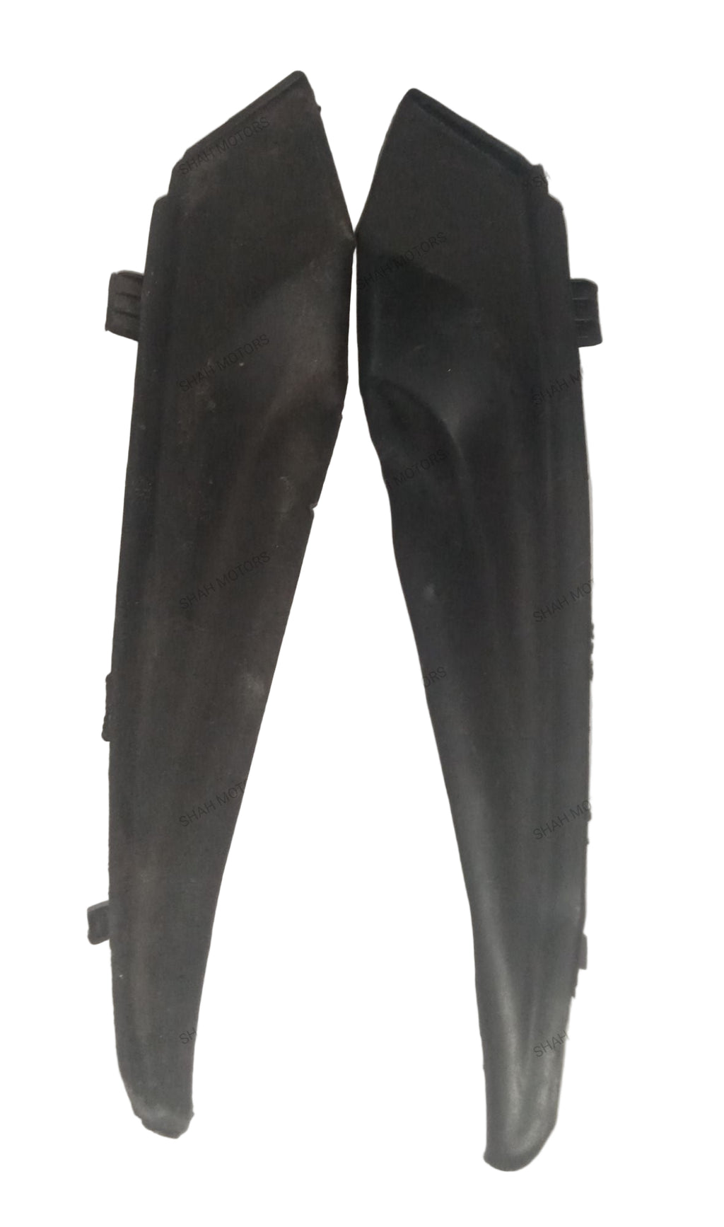 Two black motorcycle fenders on a light gray background