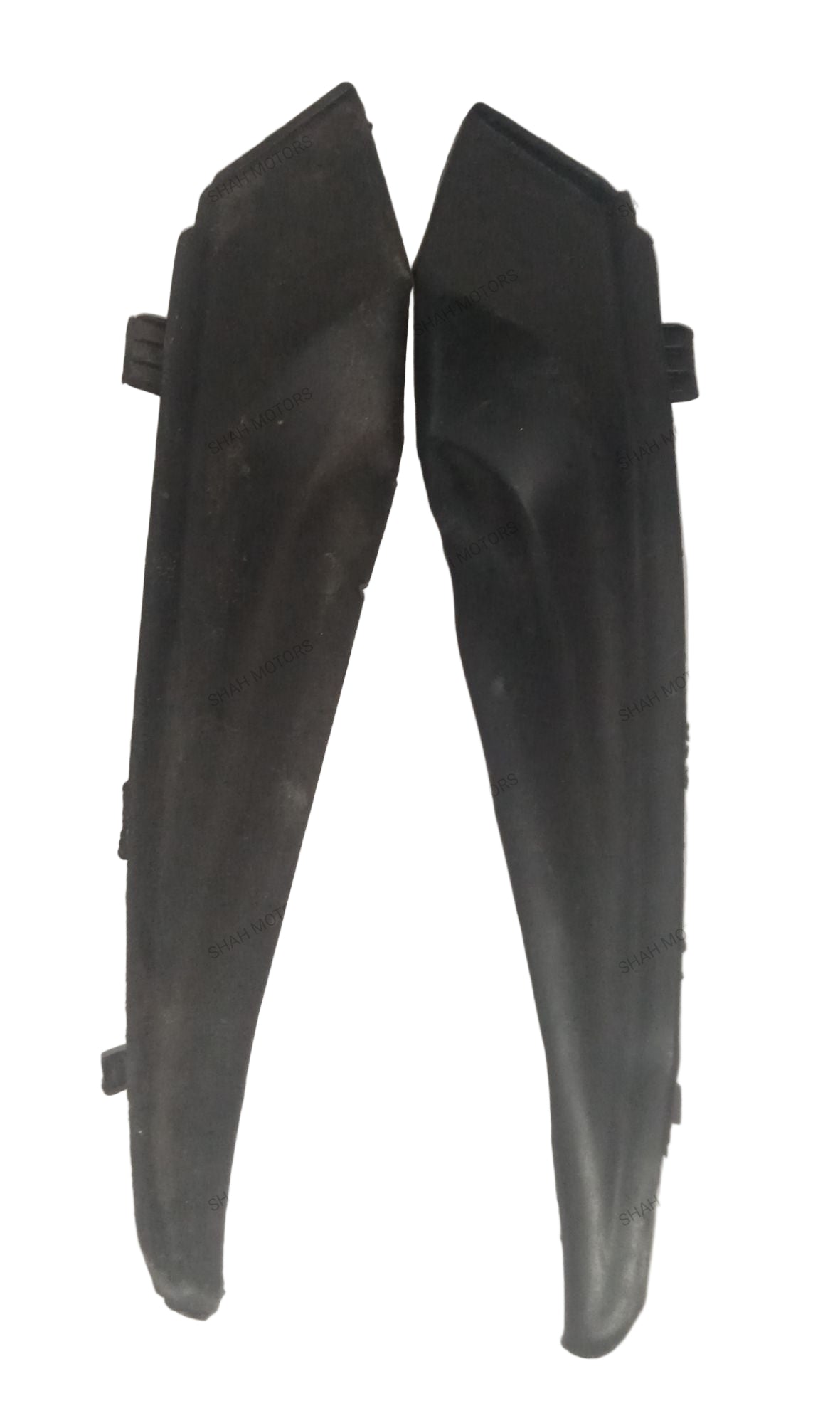 Two black motorcycle fenders on a light gray background