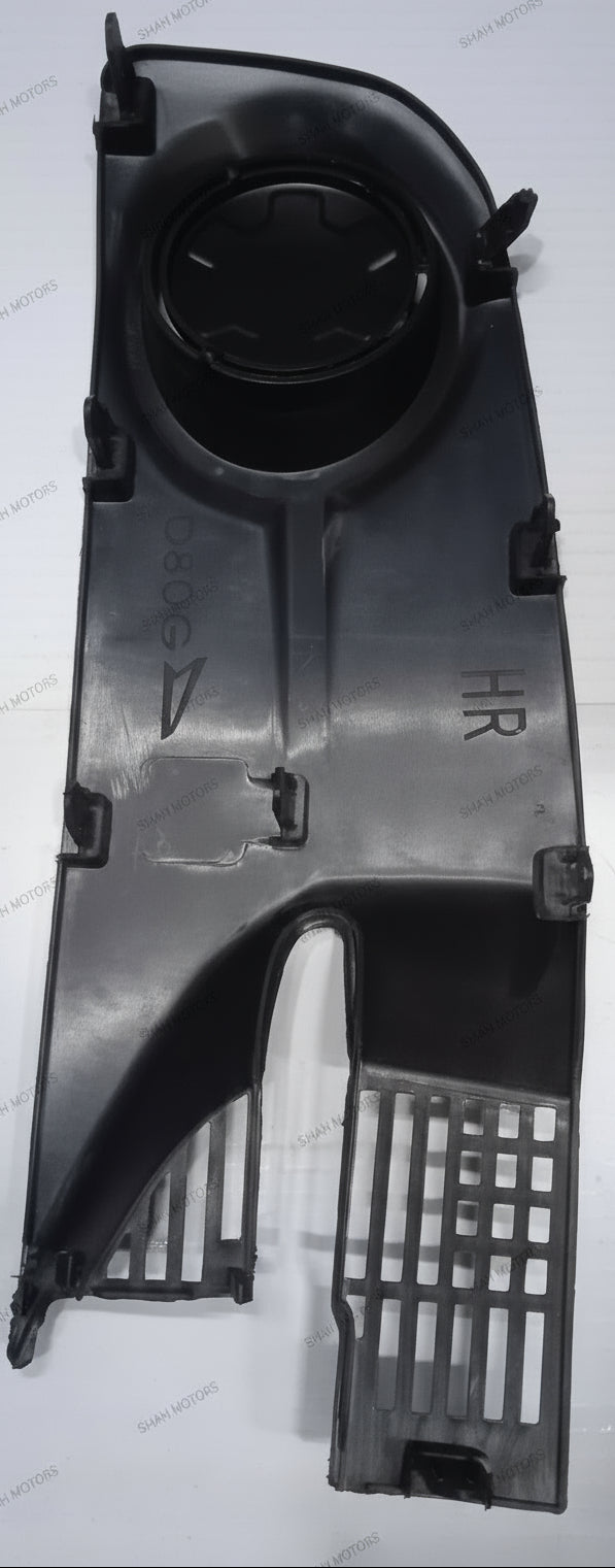 Black plastic component with text on a white background