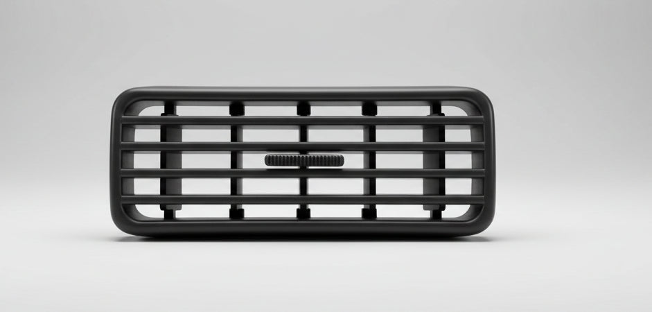 Black car grille on a white surface with a gray textured background