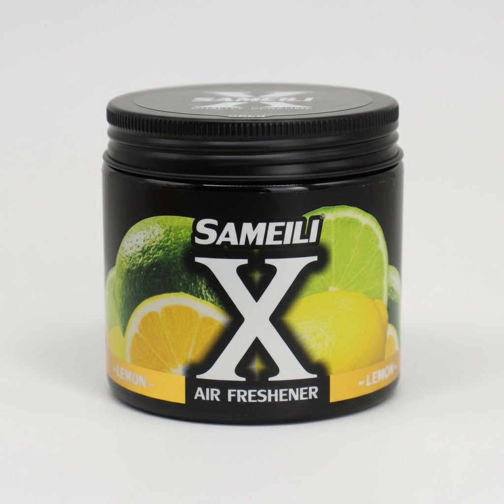 Sameili X air freshener jar with lemon and lime graphics on a white background