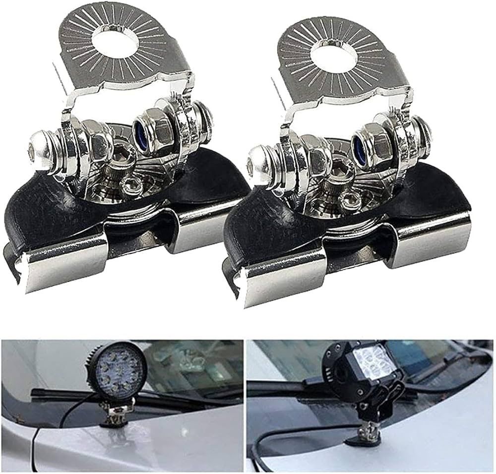 Two metal clamps with additional components on a white background, with two smaller images showing their use on car windshields.