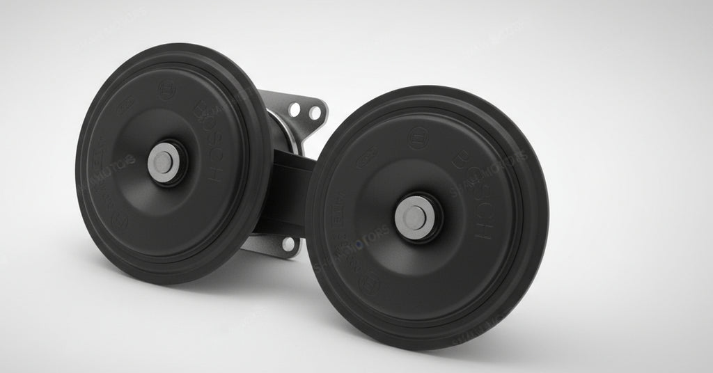 Two black rubber wheels with metal axles on a light gray tiled floor.