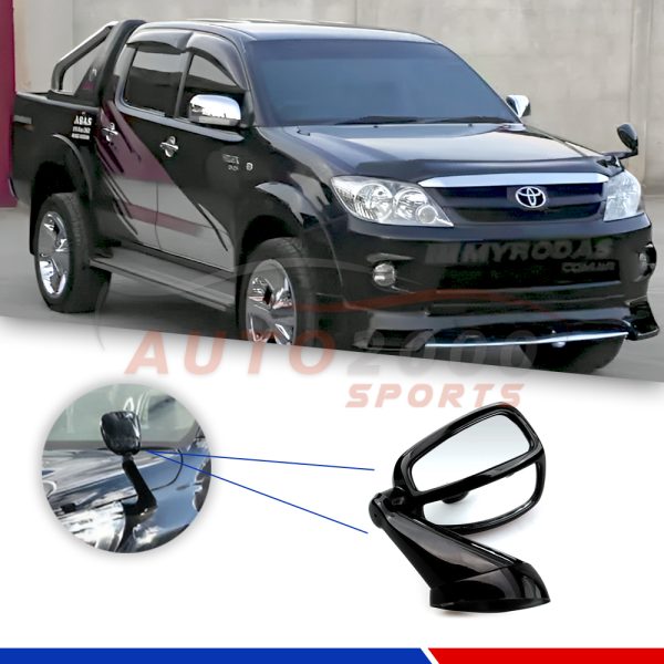Black Toyota truck with a close-up of a car mirror on a white background, featuring 'AUTO SPORTS' branding.