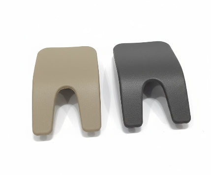 Two car seat armrest covers, one beige and one gray, on a white background.