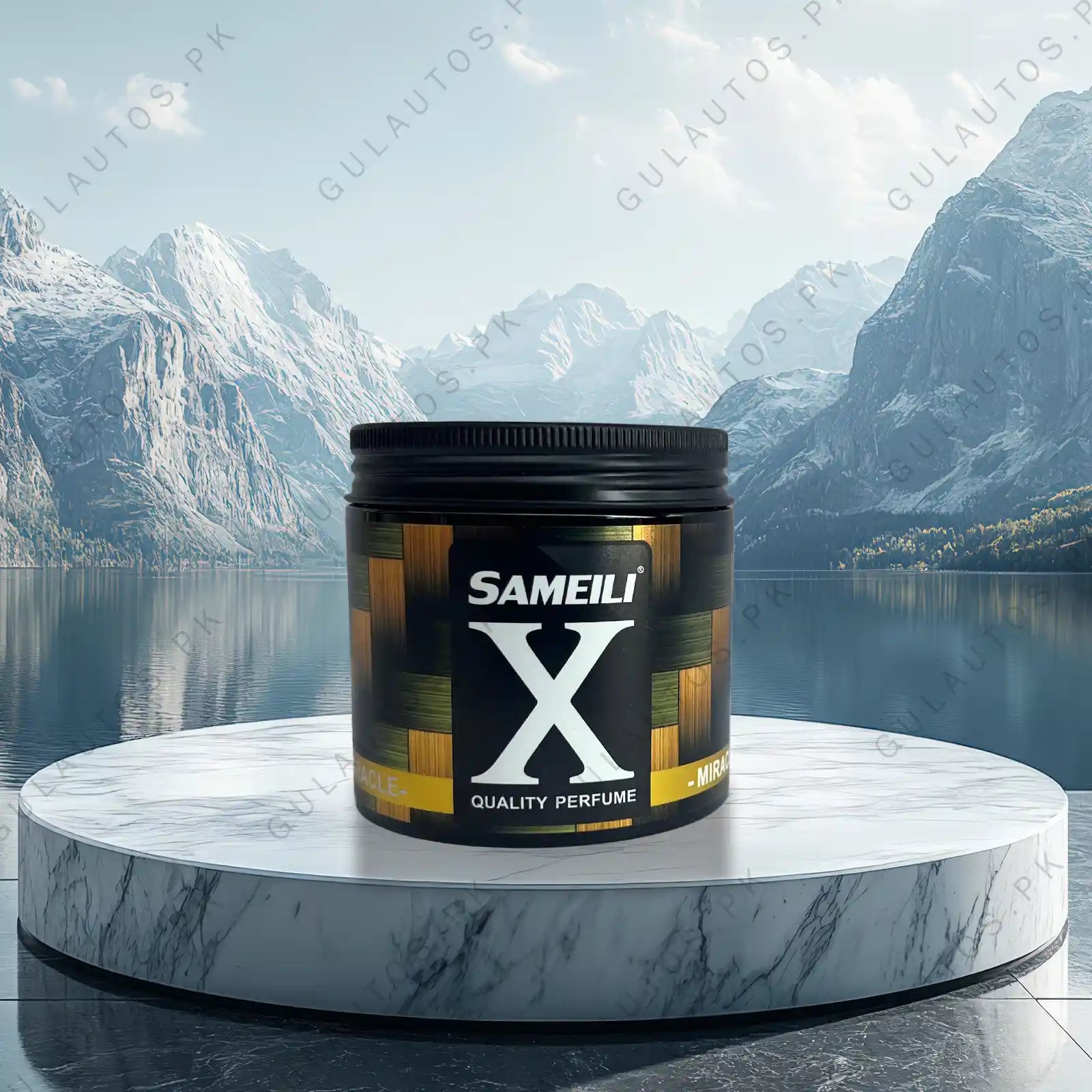 Sameili X perfume jar on a marble platform with a mountainous landscape in the background
