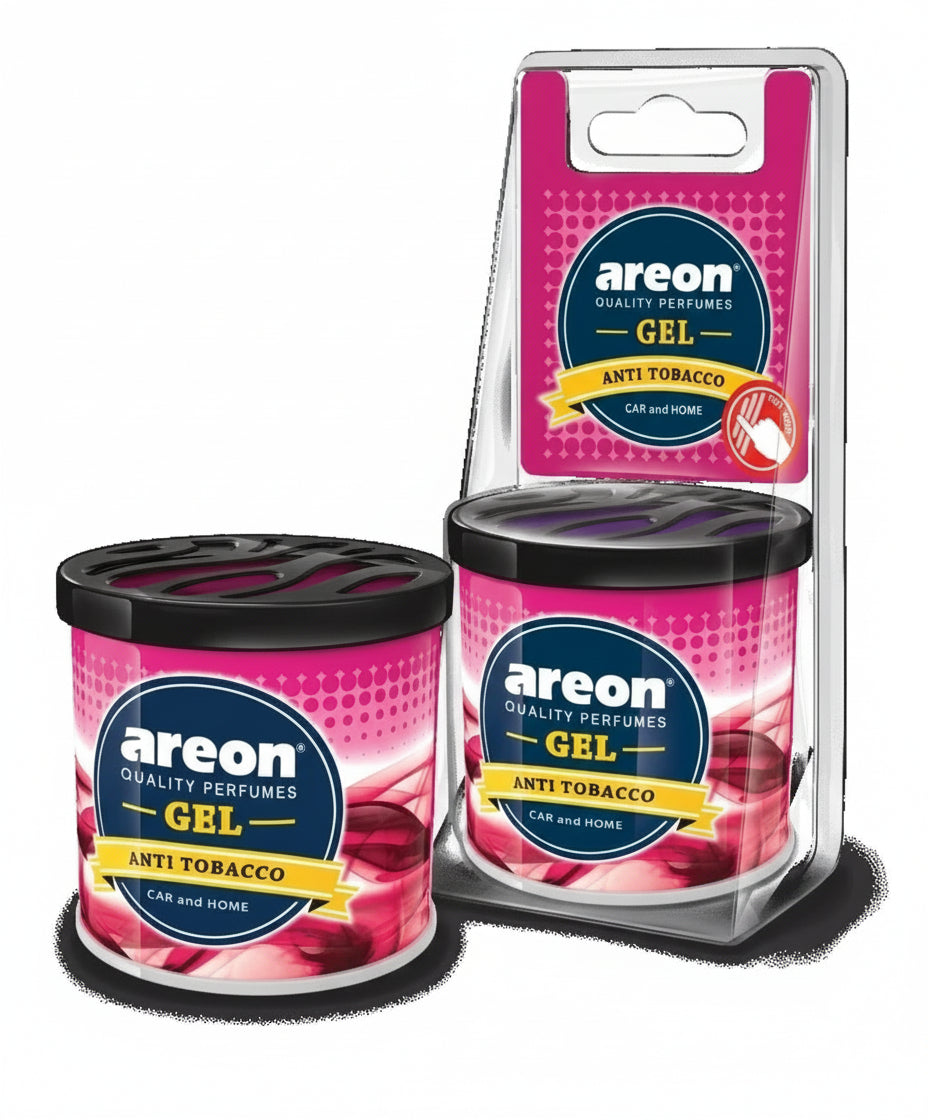 Two containers of Areon Anti Tobacco gel perfume with packaging on a white background