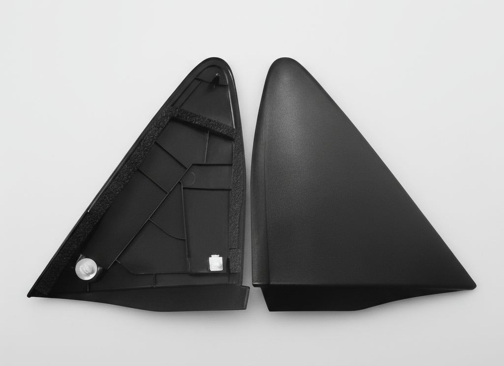 Two black car interior panels with a white car on a white background