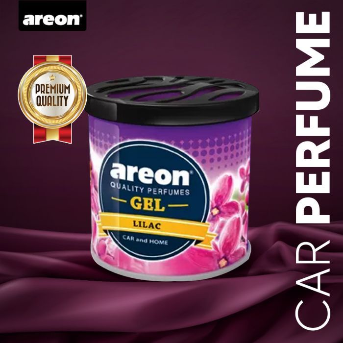 Areon car perfume gel container with purple packaging on a dark purple background