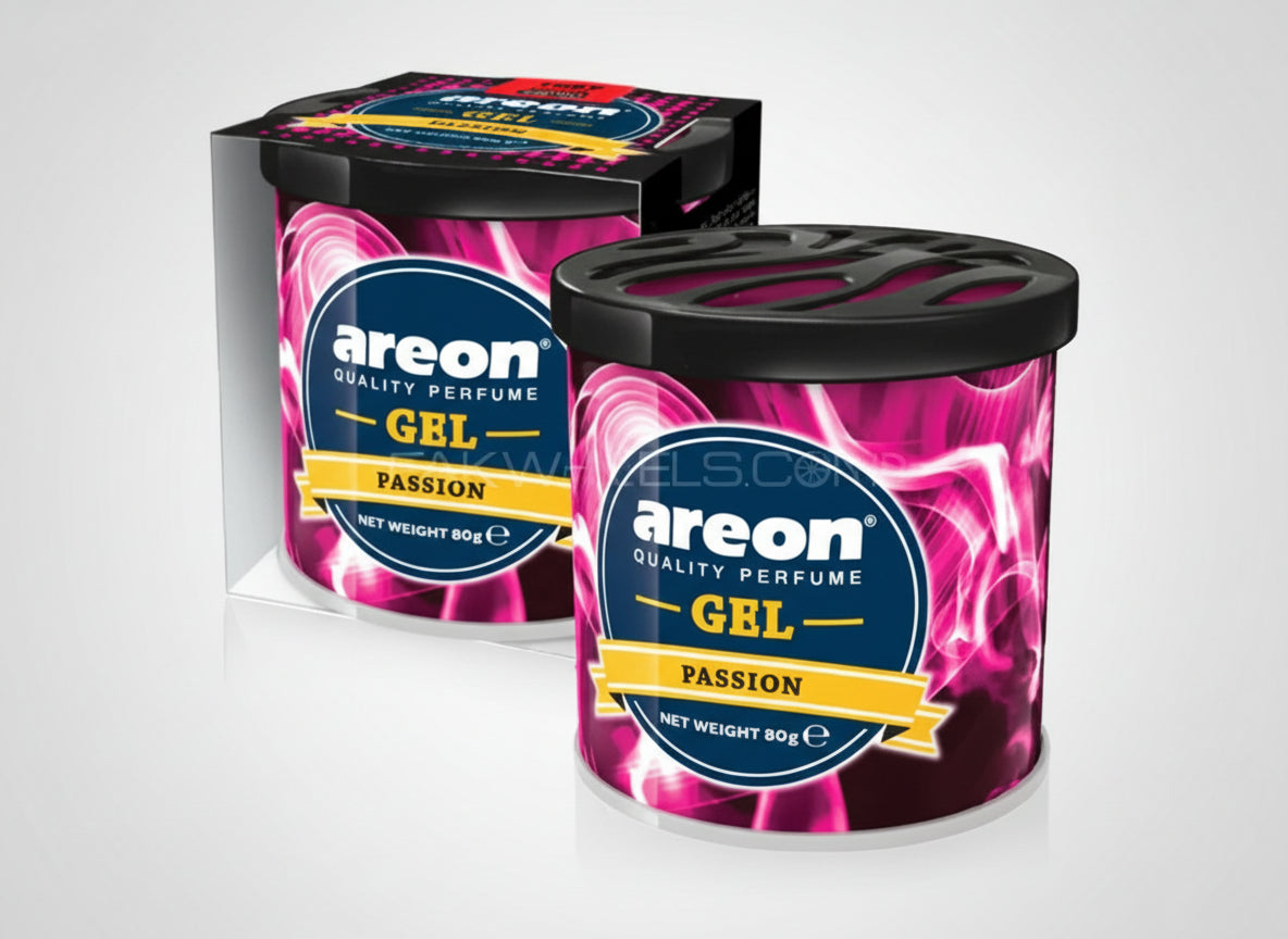 Two containers of Areon Passion perfume gel with packaging on a white background