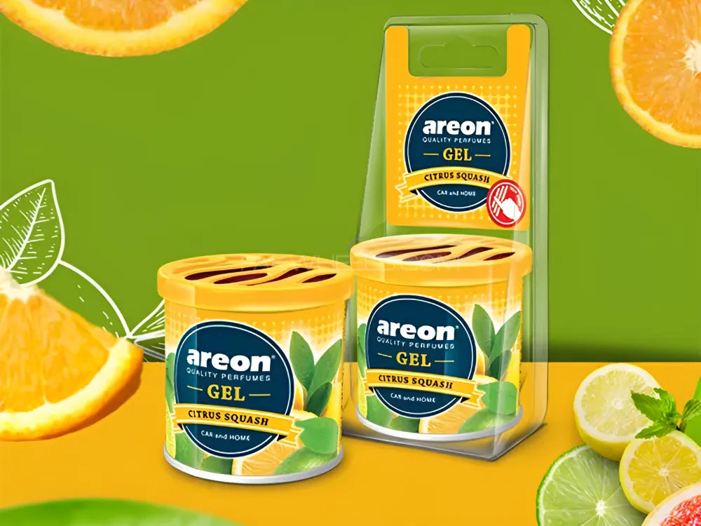Areon gel air fresheners with citrus squash scent on a green and orange background with fruit slices.