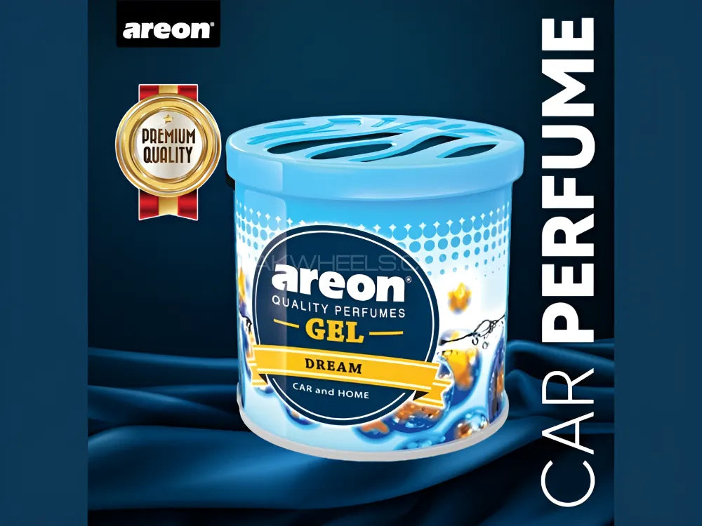 Areon car perfume gel container with branding and product details on a dark blue background