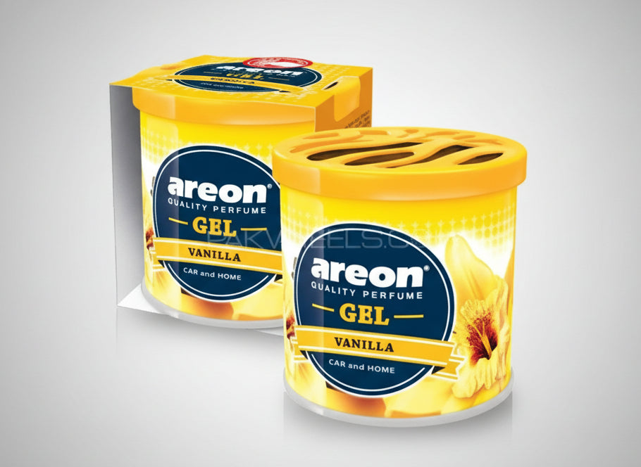 Two containers of Areon Vanilla perfume gel on a white background
