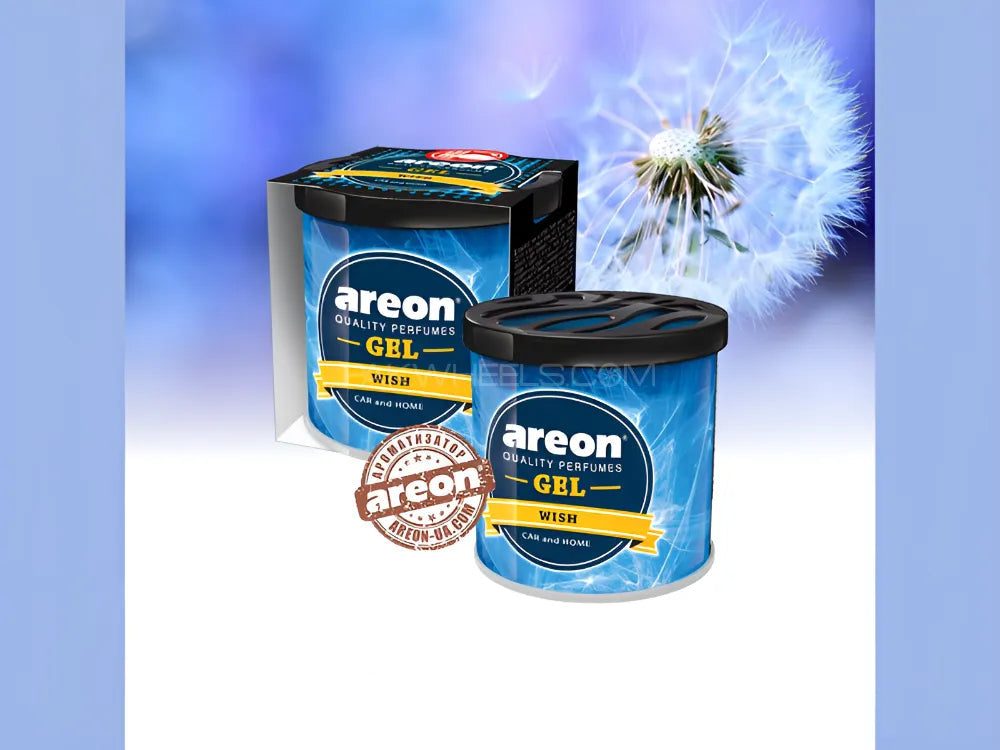 Areon gel can with packaging and dandelion flower on a blue gradient background