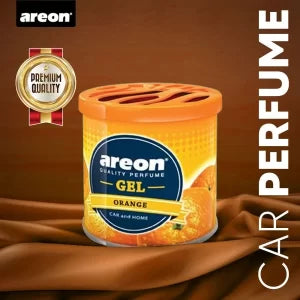 Areon car perfume gel with orange flavor on a brown background