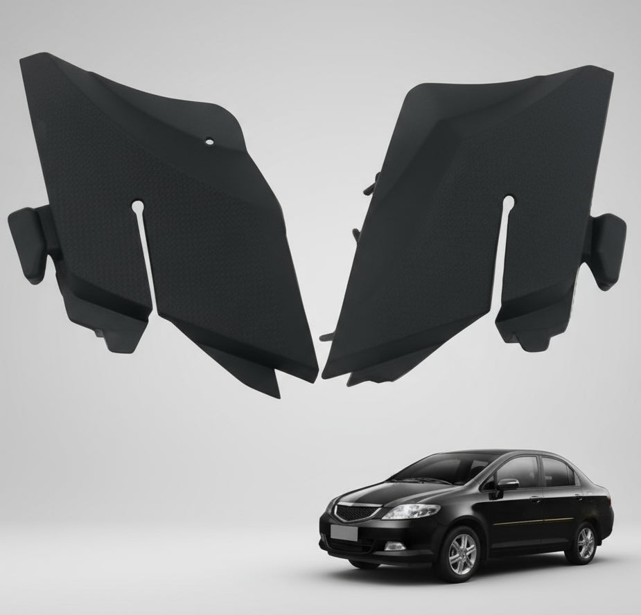 Black car side skirts on a white background with a car model for scale.