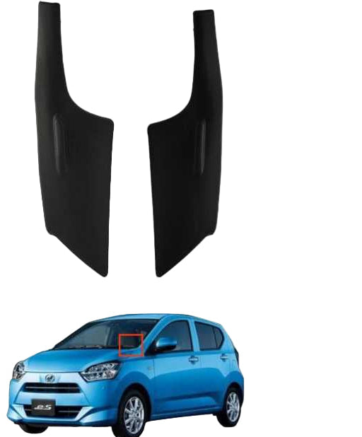 Two black car mud flaps on a white background with a blue car for scale.
