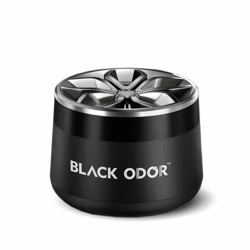 Black and silver cylindrical product with 'BLACK ODOR' branding on a white background