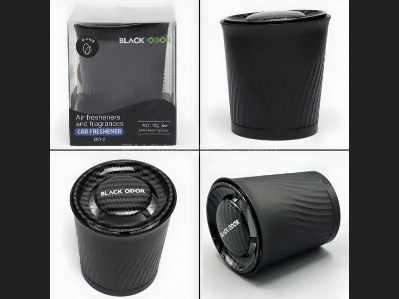 Black odor air freshener packaging and product on a white background
