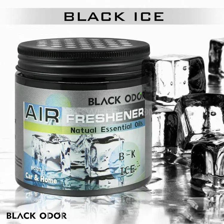 Black Ice air freshener with ice cube imagery on a reflective surface