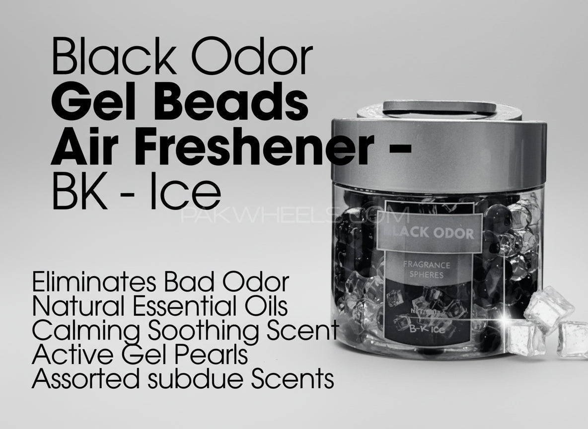 Black Odor Gel Beads Air Freshener with ice cubes on a metallic background