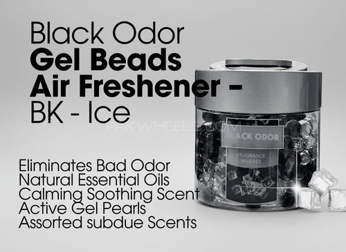 Black Odor Gel Beads Air Freshener with ice cubes on a metallic background