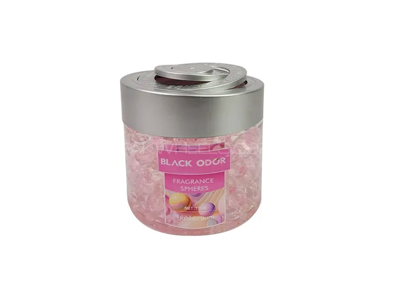 Pink fragrance spheres in a silver container with a label on a white background