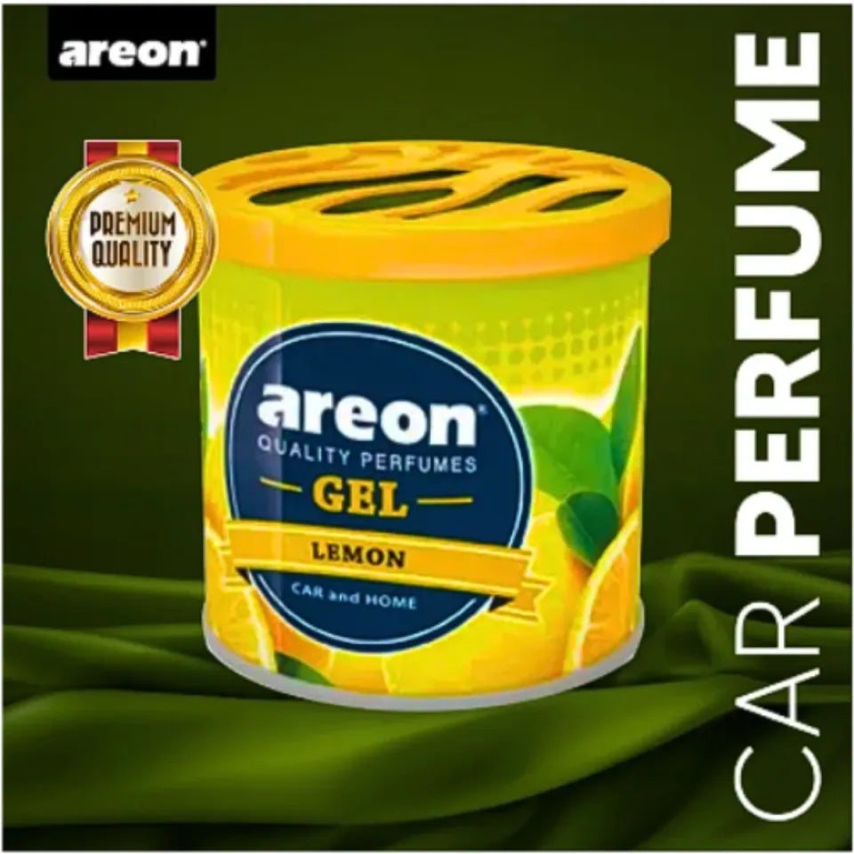 Areon Lemon car perfume gel with brand logo and product details on a green background