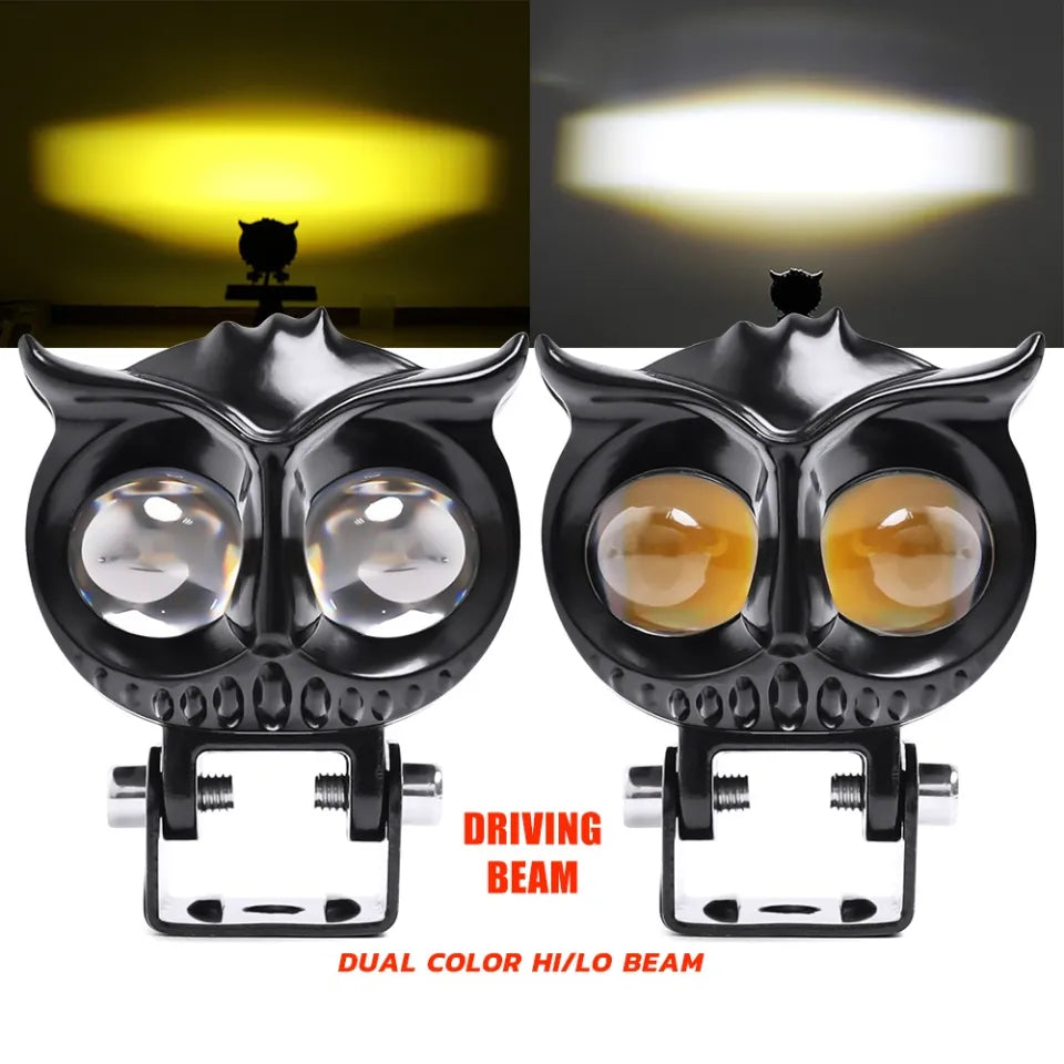 Two LED fog lights with different color beams on a white background