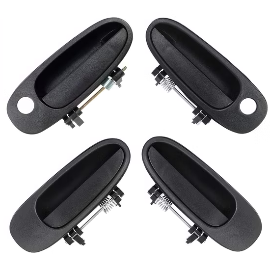 Four black car door handles on a white background