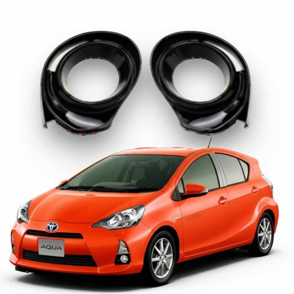 Two black car fog light covers on a white background with an orange Toyota car below.