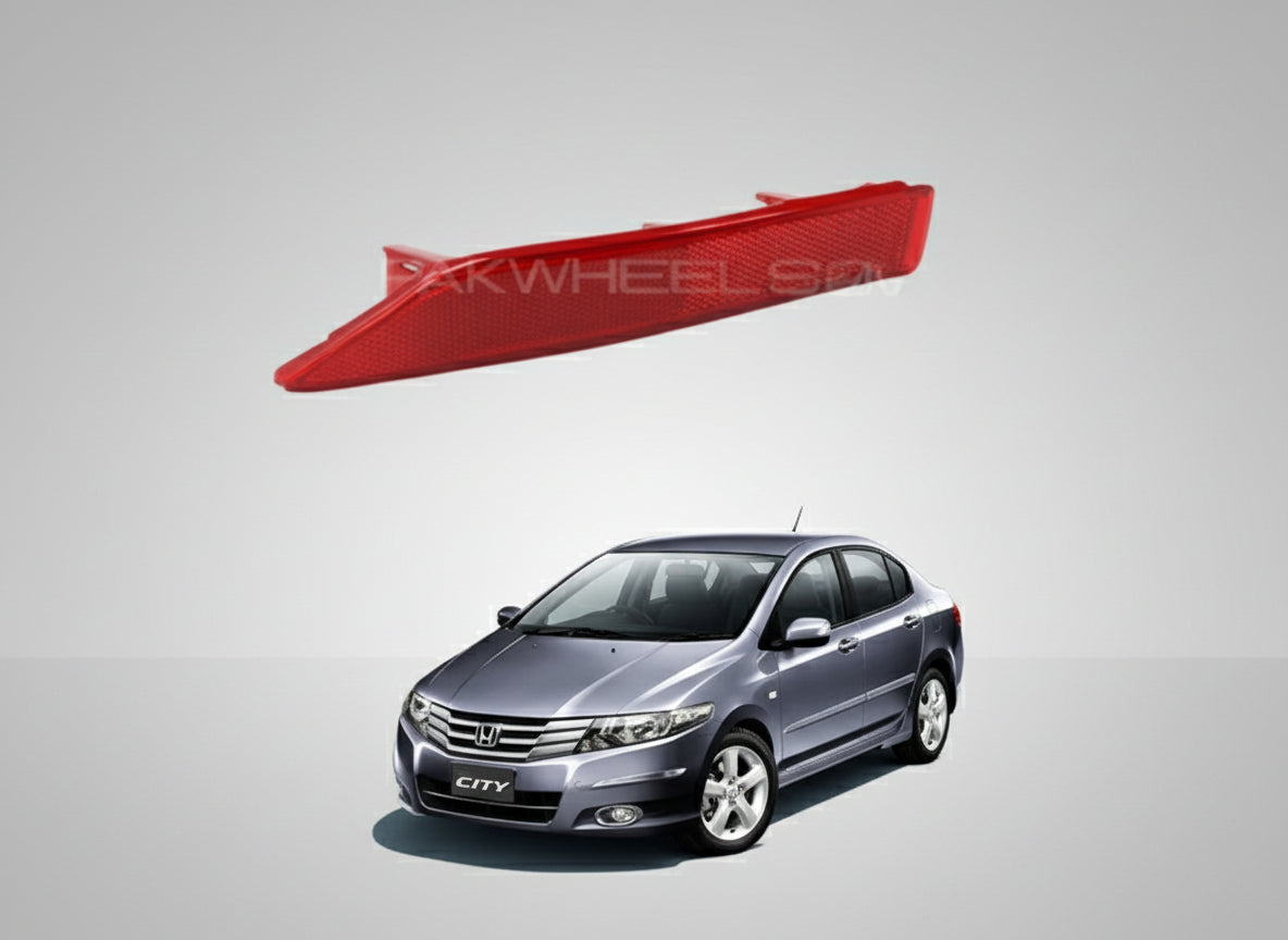 Red car light assembly on a white background with a Honda City car below.