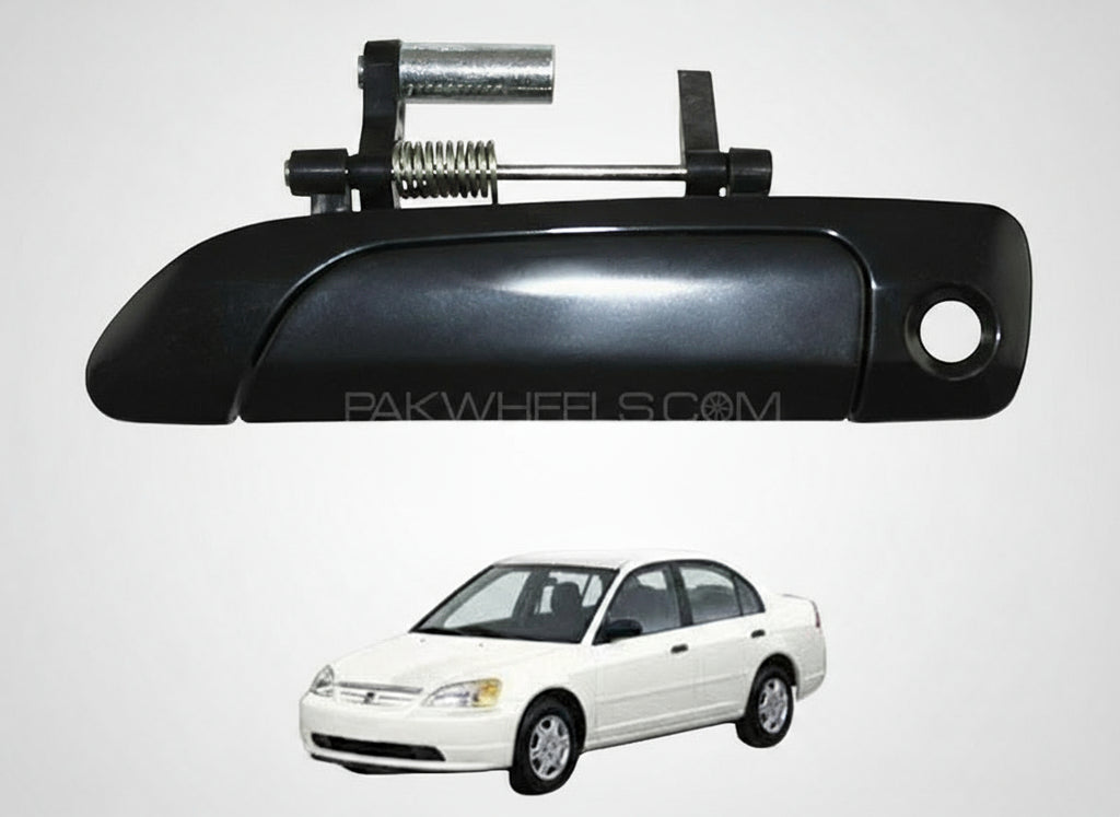 Car exterior door handle on a white background with a car model below.