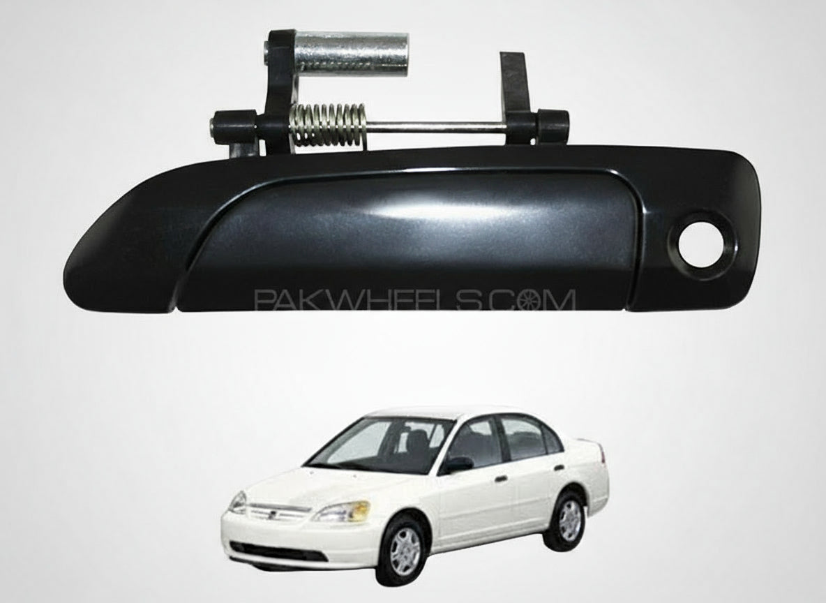 Car exterior door handle on a white background with a car model below.