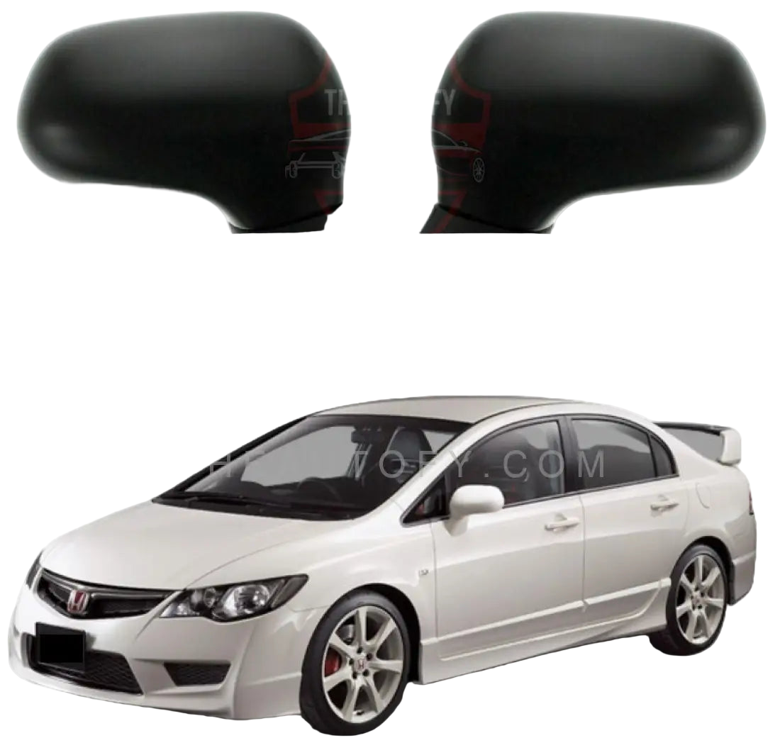 Two car mirrors on a white background with a white car below.