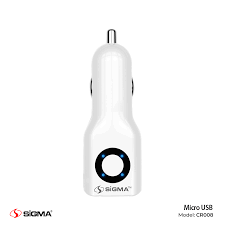 White car charger with Micro USB port on a white background, featuring the Sigma brand.