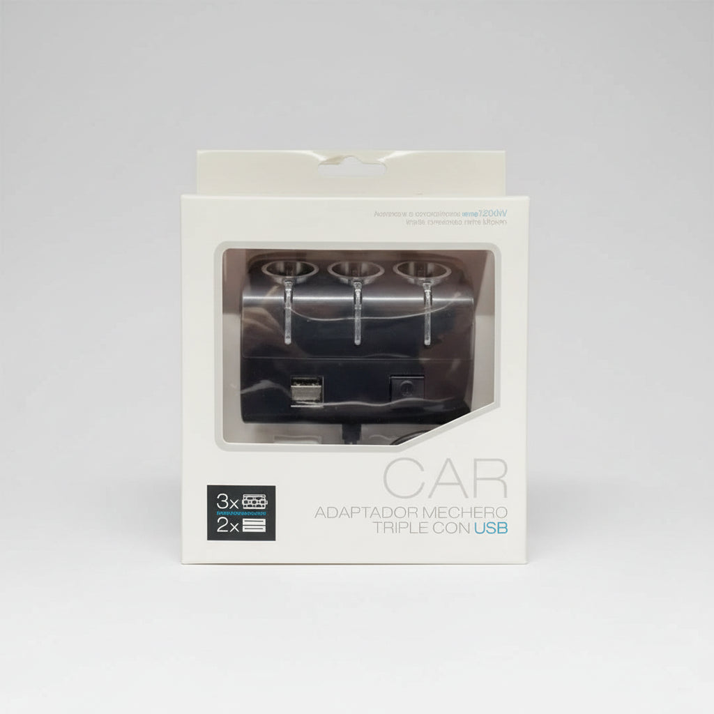 Car adapter packaging with USB cable on a white background