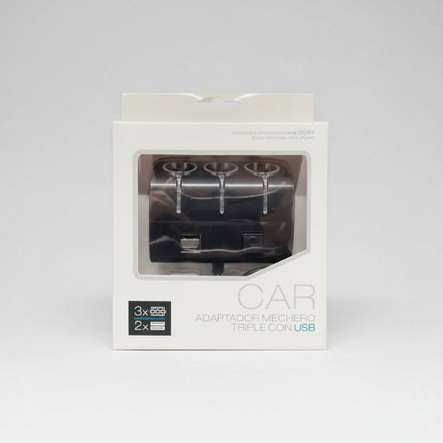 Car adapter packaging with USB cable on a white background