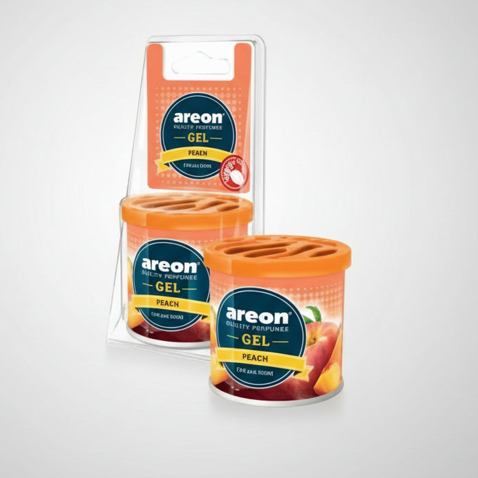 Three containers of areon gel with orange lids on a white background