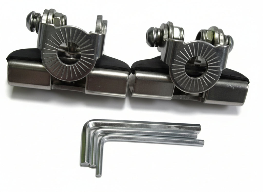 Metal guitar tuners with hex keys on a white background