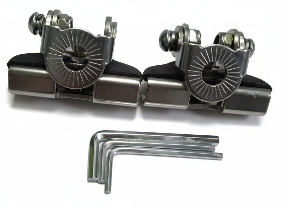 Metal guitar tuners with hex keys on a white background