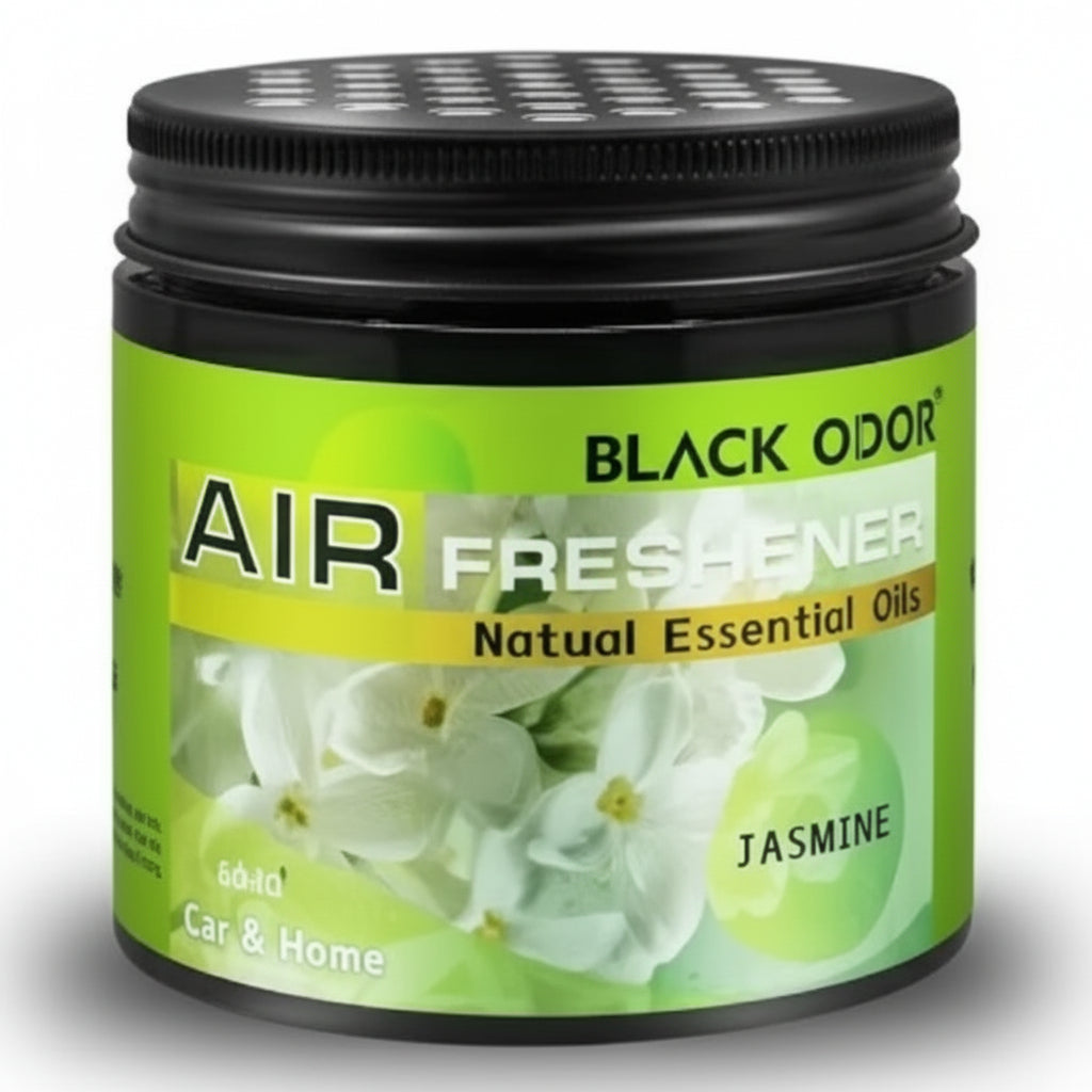 Air freshener container with jasmine fragrance on a green background