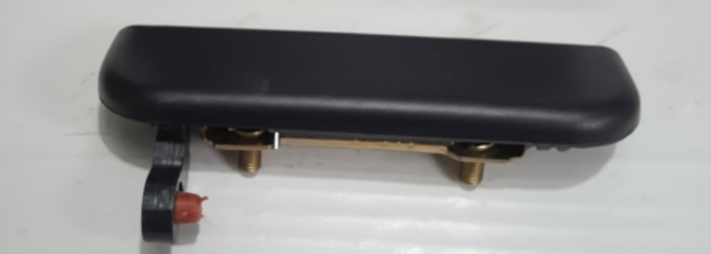 Black door handle with gold accents on a white background