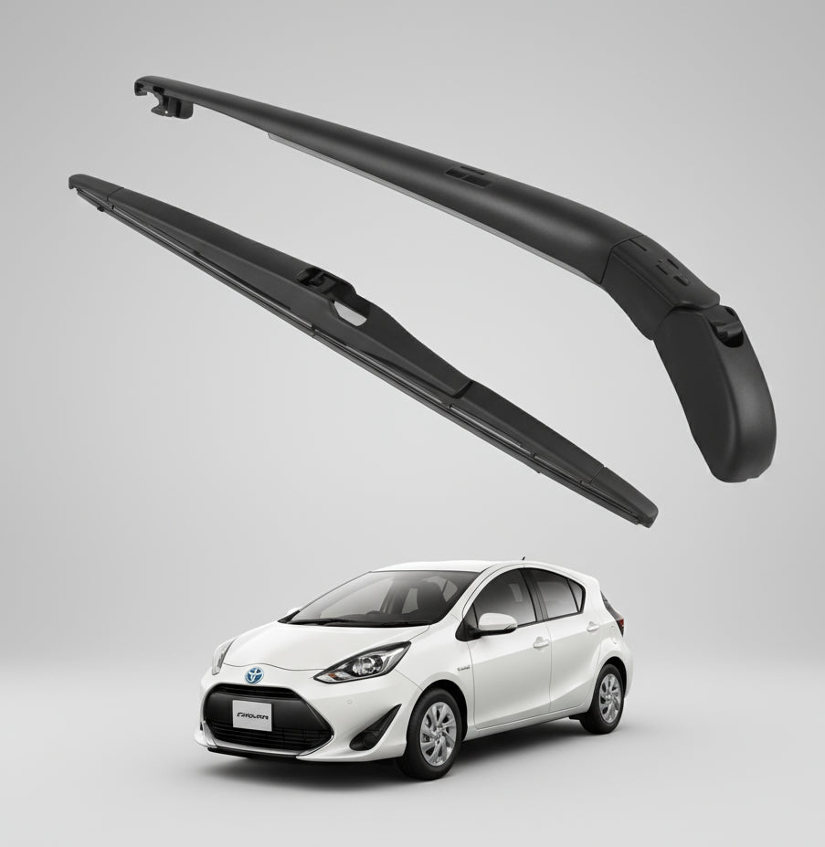 Two car wipers with a white car in the background