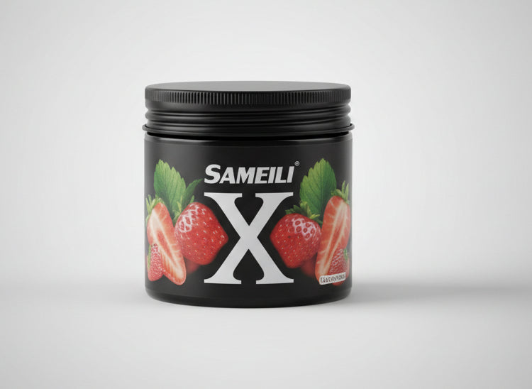 Container of 'Samele X' on a textured surface with a blurred background