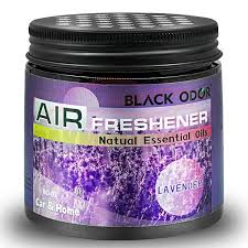 Air freshener container with black lid and purple label on a white background