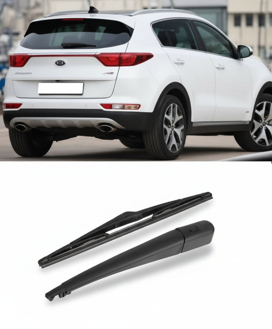 Two car wipers on a white background with a car partially visible in the background.